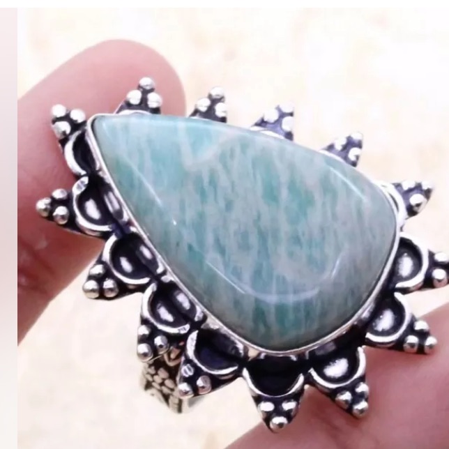 Genuine Amazonite & Sterling Silver Handcrafted Ring Size 8 1/2